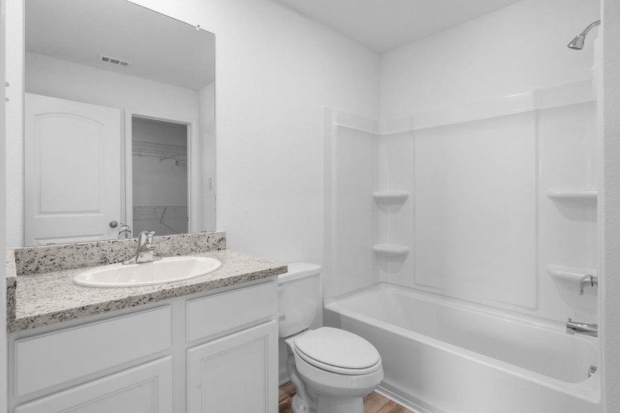 Bathroom featuring bathtub / shower combination, a spacious closet, and vanity