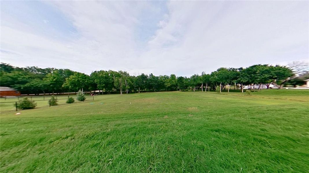 Expansive grassy terrain featuring mature trees along the perimeter and a clear sky overhead Expansive grassy terrain featuring mature trees along the perimeter and a clear sky overhead