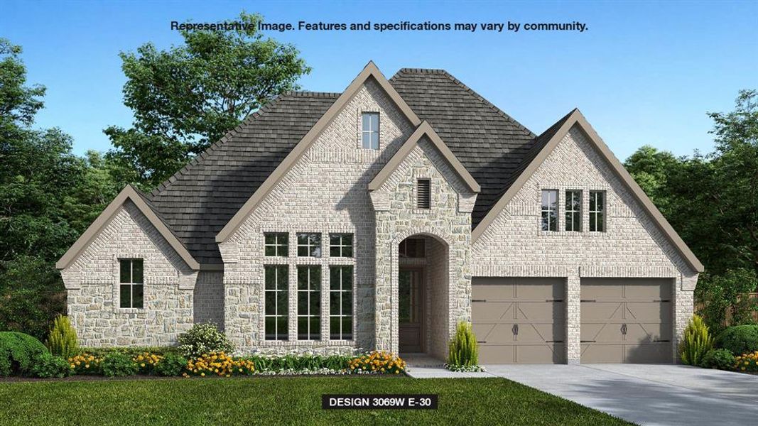 Front exterior of a new home in Trinity Falls 60', McKinney, TX, highlighting curb appeal (Image 1).