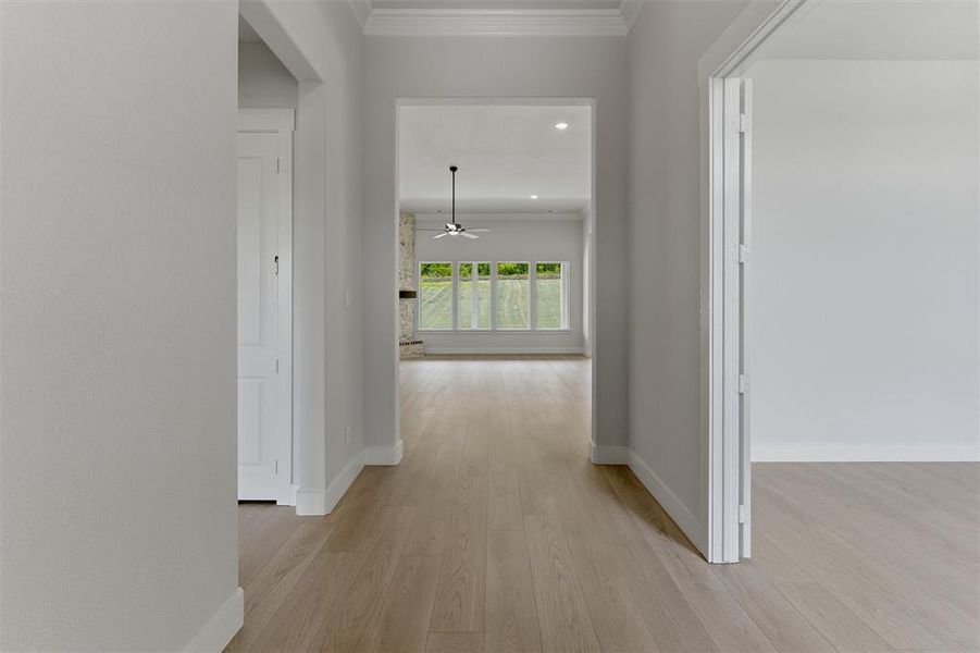 Light wood-finish flooring extending through an open doorway into a spacious room with multiple large windows