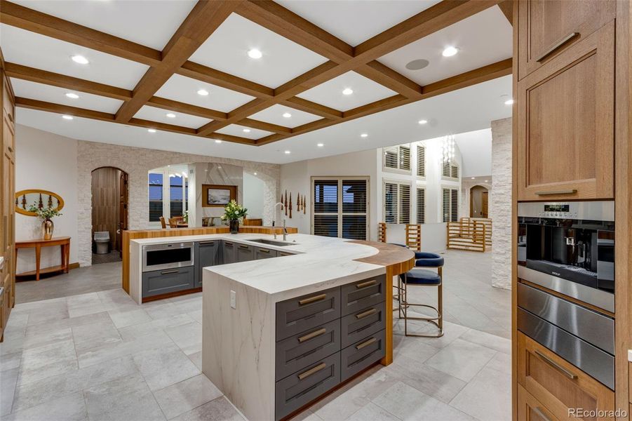 4" thick end grain butcher block white oak eating counters with integrated white oak legs.