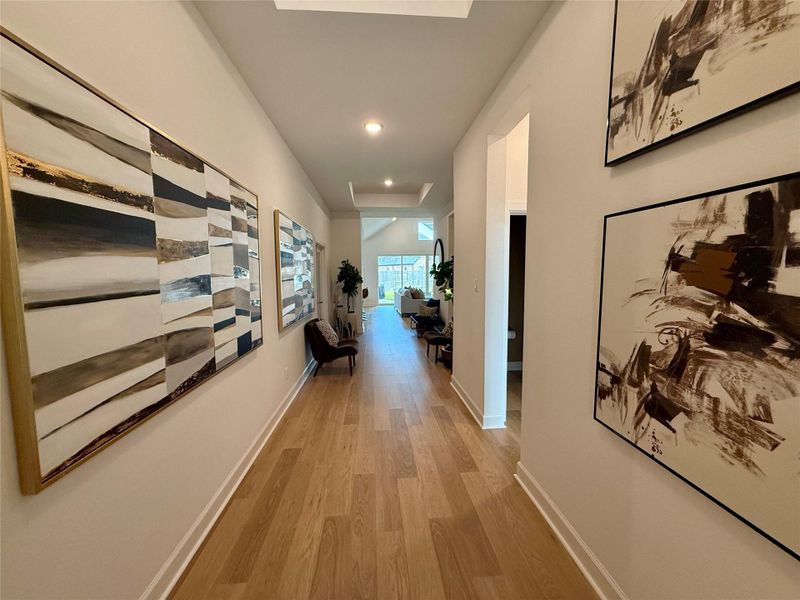 A welcoming hallway with elegant wooden flooring and modern abstract art leads to a bright, open living space, creating a stylish and inviting entrance.