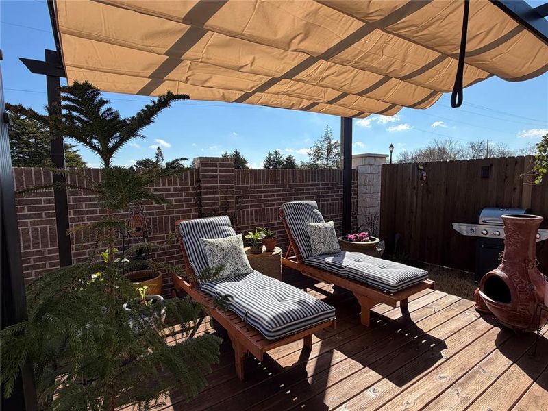 10 x 12 Deck with Retractable Pergola Cover. Slide the Roof Closed to Create a Shady Retreat. 10 x 12 Deck with Retractable Pergola Cover. Slide the Roof Closed to Create a Shady Retreat.