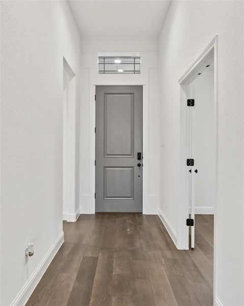 Entryway featuring wood finished floors and baseboards