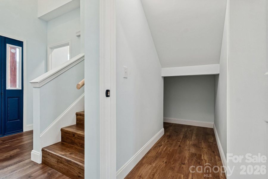 Rare and hard to find Large walk-in finished storage space under the staircasing.