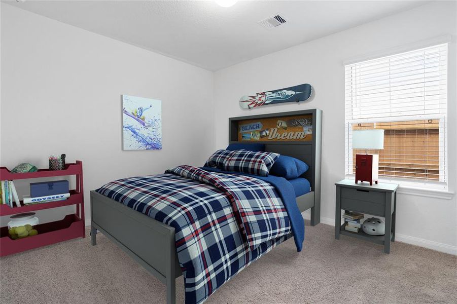 Secondary bedroom features plush carpet, custom paint, large window with privacy blinds and ample closet space.