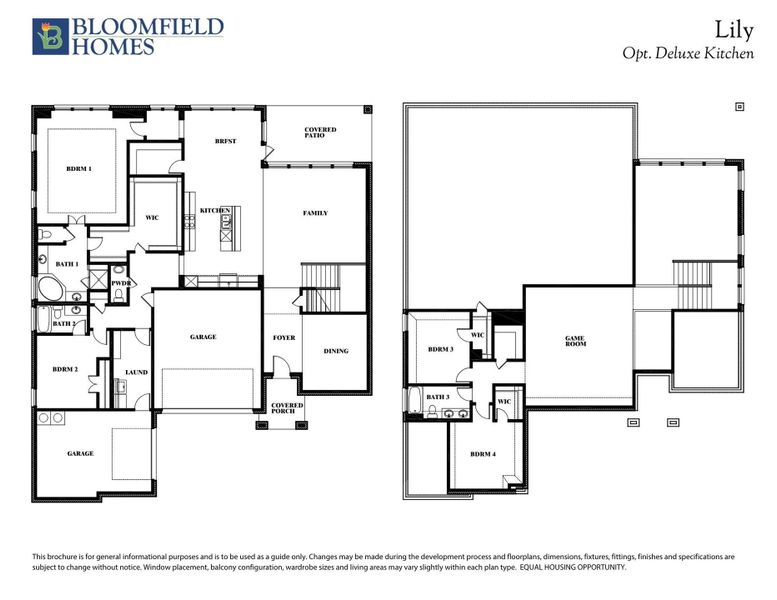 Bloomfield Homes Lily floor plan with optional deluxe kitchen, showing two-story layout with four bedrooms and game room.