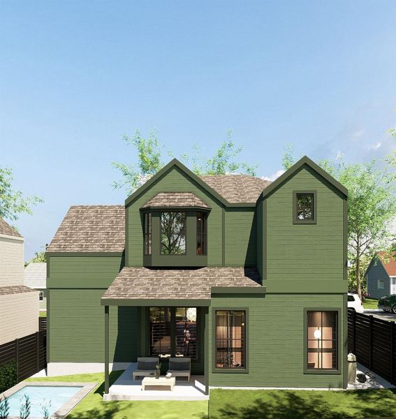 Rear view of house featuring a fenced backyard, outdoor lounge area, and a patio area