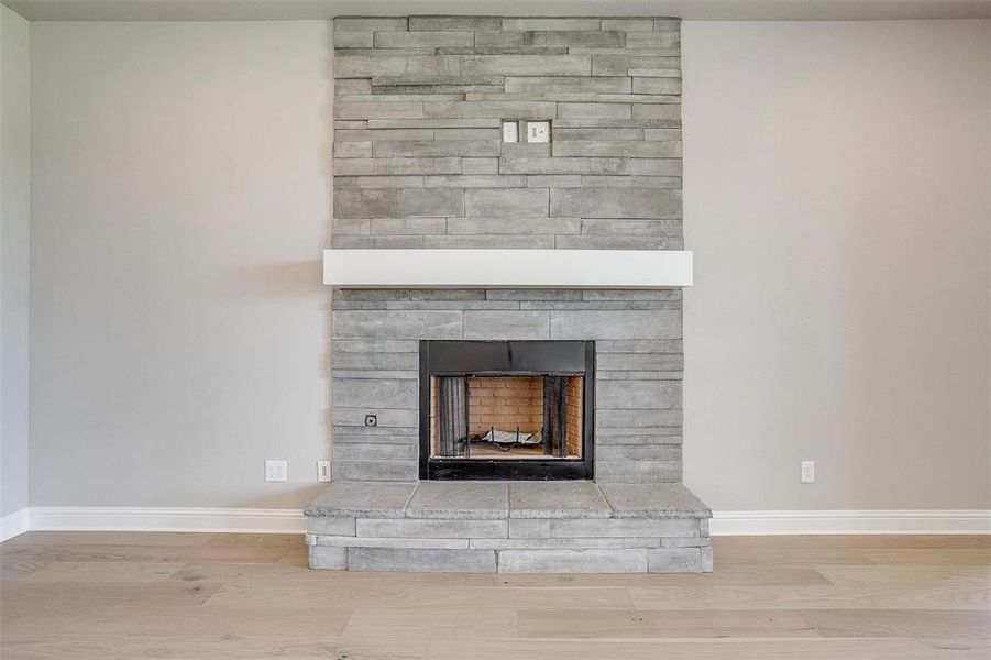 Details with wood-type flooring and a fireplace