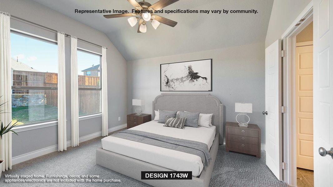 Bedroom featuring ceiling fan, carpet, vaulted ceiling, and multiple windows