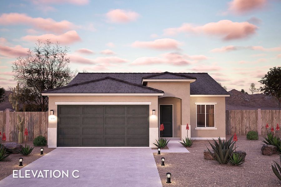 Representative exterior photo of a completed home built from the Leon by CastleRock Communities in Hayden Estates, Buckeye, AZ (Image 5). Representative exterior photo of a completed home built from the Leon by CastleRock Communities in Hayden Estates, Buckeye, AZ (Image 5).