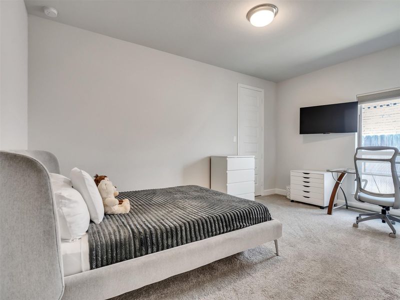 Cozy bedroom with plush carpeting, featuring a modern space!