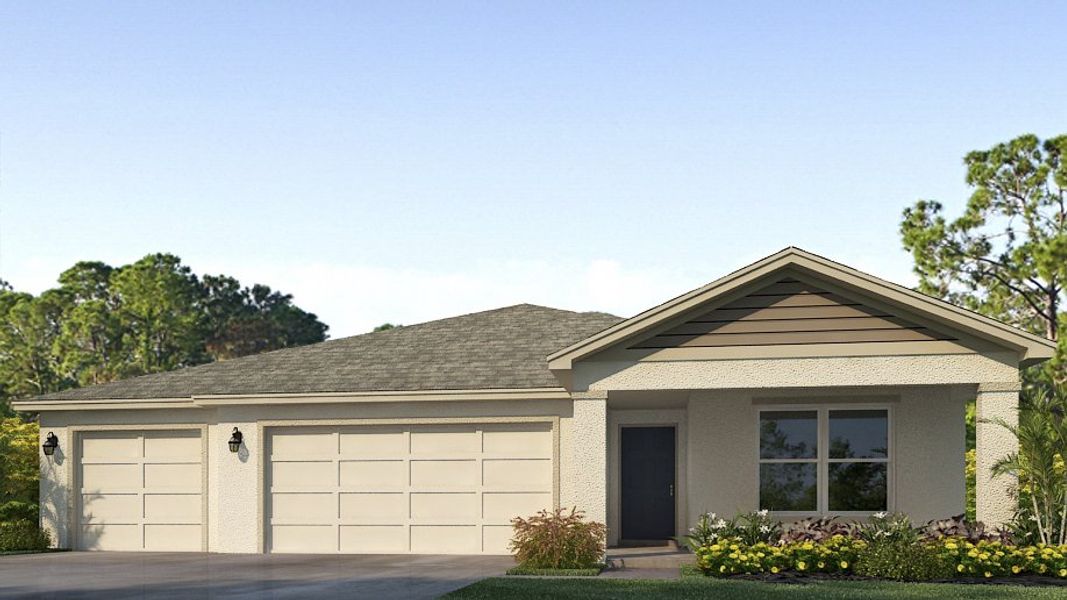 Representative exterior photo of a completed home built from the Denham by D.R. Horton in Oakfield Lakes, Parrish, FL (Image 5). Representative exterior photo of a completed home built from the Denham by D.R. Horton in Oakfield Lakes, Parrish, FL (Image 5).