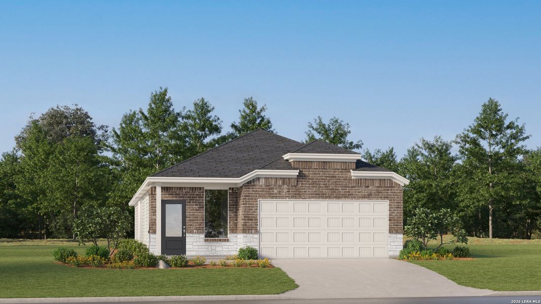 Front exterior of a new home in Pleasanton Meadows, Pleasanton, TX, highlighting curb appeal (Image 26).