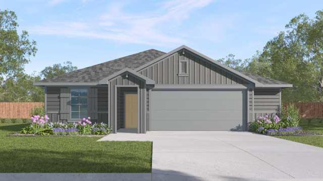Front exterior of a new home in Talavera, Kyle, TX, highlighting curb appeal (Image 1).