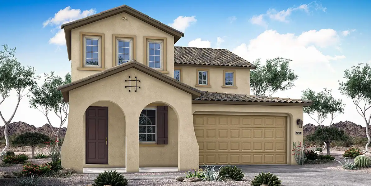 Front exterior of a new home in Mesquite at North Creek, Queen Creek, AZ, highlighting curb appeal (Image 2). Front exterior of a new home in Mesquite at North Creek, Queen Creek, AZ, highlighting curb appeal (Image 2).