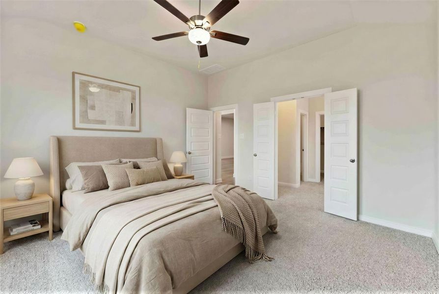 The large owner’s retreat features a walk-in closet and the option for a luxury bath with a garden tub and oversized shower. Virtually staged representation of the primary bedroom.