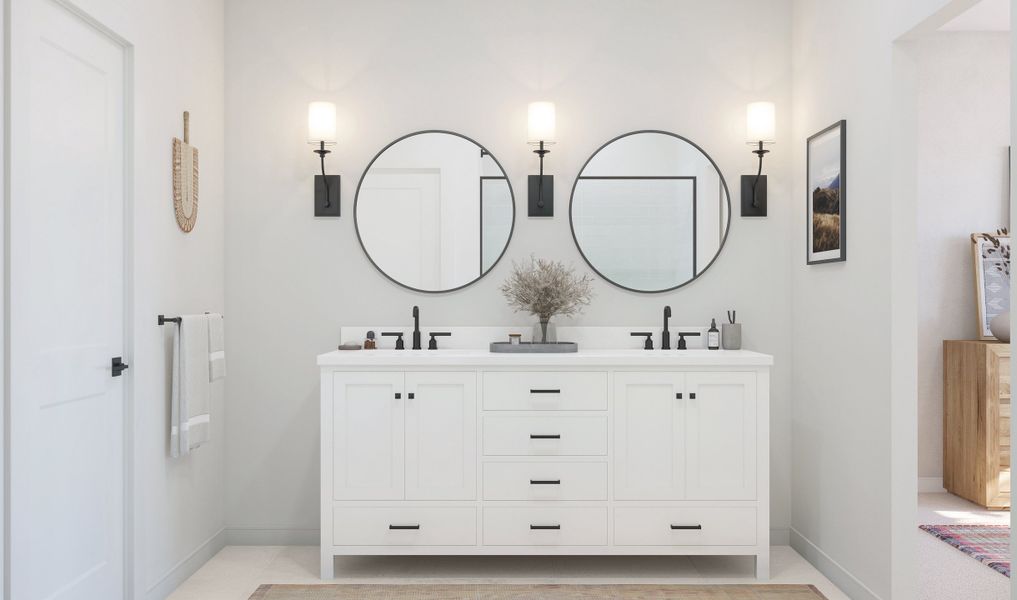 Primary freestanding vanity and black-circular mirrors