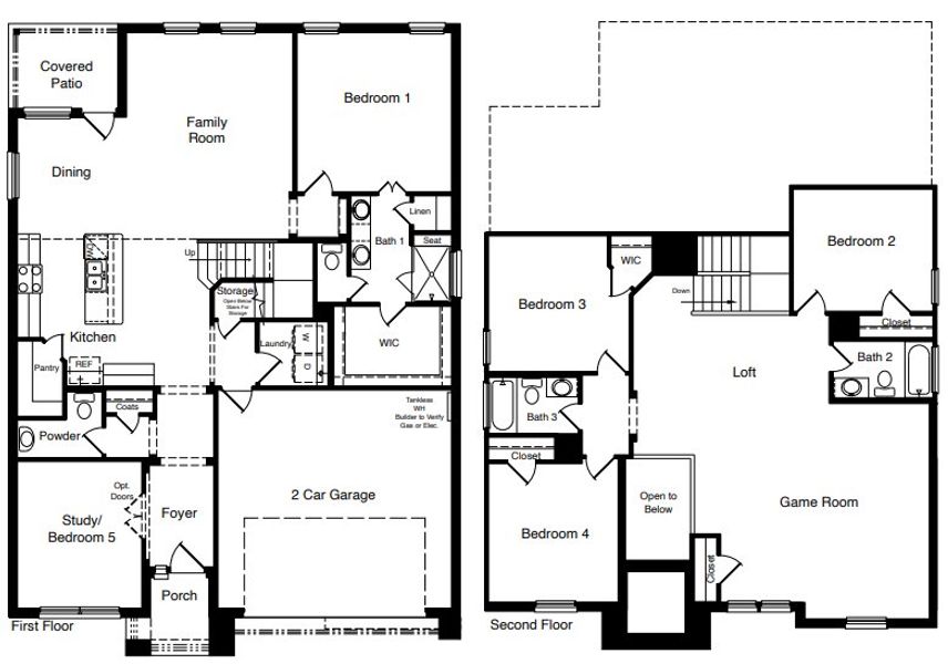 2D floor plan layout for the 2834 - The Redrock by D.R. Horton in Abbey Glen, Lubbock, TX (Image 1).