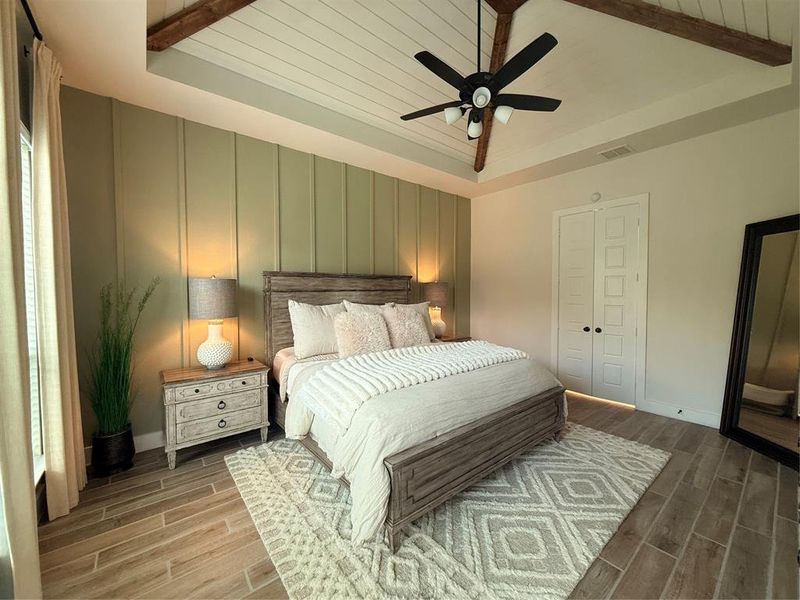 Shiplap Ceiling with Wood Beam Accents