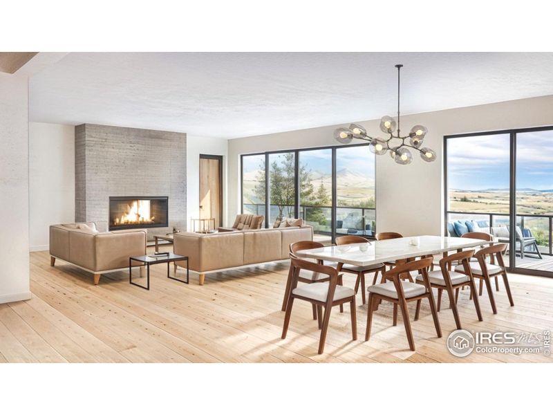 Living room with wet bar, door to office and access to main level deck and outdoor kitchen