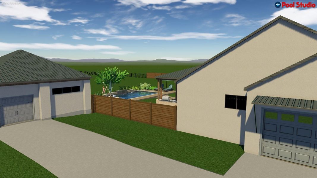 Rendering; View of yard with view, a garage/casita, and an outdoor pool Rendering; View of yard with view, a garage/casita, and an outdoor pool
