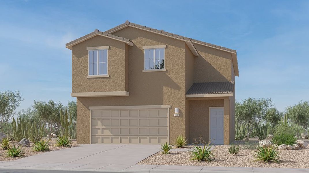 Front exterior of a new home in Rancho Sahuarita, Sahuarita, AZ, highlighting curb appeal (Image 1). Front exterior of a new home in Rancho Sahuarita, Sahuarita, AZ, highlighting curb appeal (Image 1).