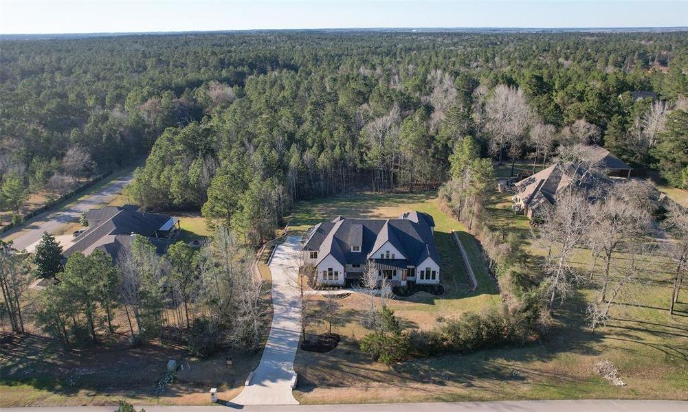 This aerial view showcases a spacious, elegant home nestled in a wooded area, offering privacy and scenic surroundings. The property features a long driveway, a large yard, and is surrounded by mature trees, creating a serene and secluded atmosphere.