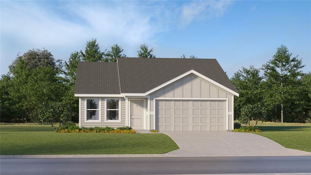 View of front of house featuring roof with shingles, board and batten siding, a front yard, and driveway View of front of house featuring roof with shingles, board and batten siding, a front yard, and driveway