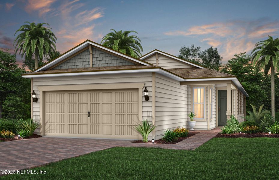Front exterior of a new home in The Preserve at Bannon Lakes, St. Augustine, FL, highlighting curb appeal (Image 1). Front exterior of a new home in The Preserve at Bannon Lakes, St. Augustine, FL, highlighting curb appeal (Image 1).