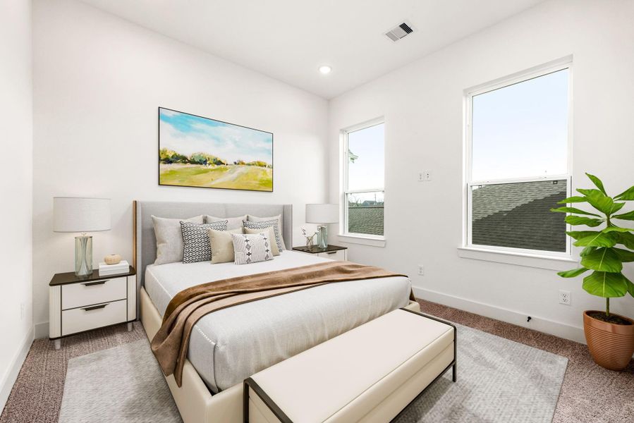 This inviting secondary bedroom offers plush carpeting for ultimate comfort, recessed lighting for a warm ambiance, and expansive windows that frame breathtaking views of the downtown skyline. A perfect blend of style and serenity, this space is ideal for relaxation or productivity. This inviting secondary bedroom offers plush carpeting for ultimate comfort, recessed lighting for a warm ambiance, and expansive windows that frame breathtaking views of the downtown skyline. A perfect blend of style and serenity, this space is ideal for relaxation or productivity.