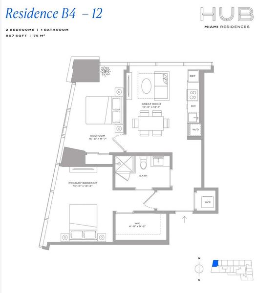 2D floor plan layout for the Residence B4 12 by The John Buck Company in HUB Miami, Miami, FL (Image 1). 2D floor plan layout for the Residence B4 12 by The John Buck Company in HUB Miami, Miami, FL (Image 1).