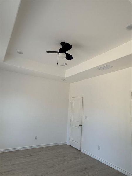 Unfurnished room featuring a tray ceiling, a ceiling fan, and wood finished floors