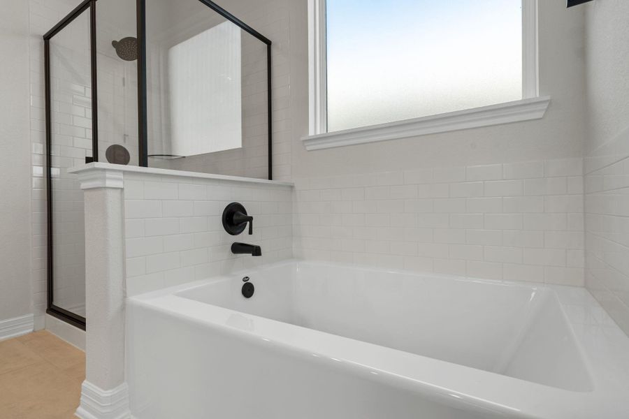 This additional view of your primary bathroom features tile flooring, fresh paint, walk-in shower, a separate garden tub, and a large walk-in closet.