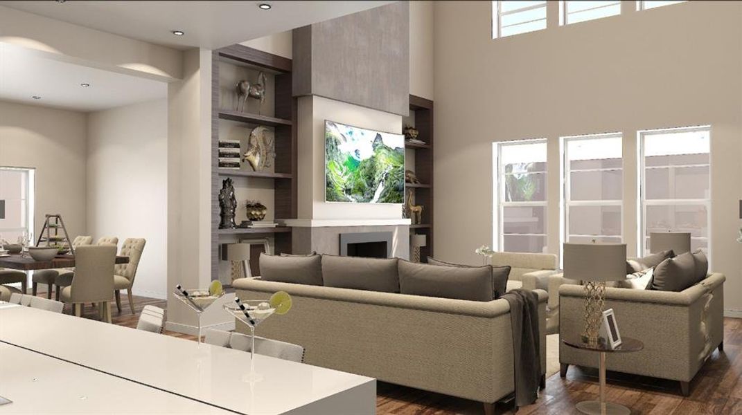 Living room with baseboards, built in features, a fireplace, and dark wood finished floors