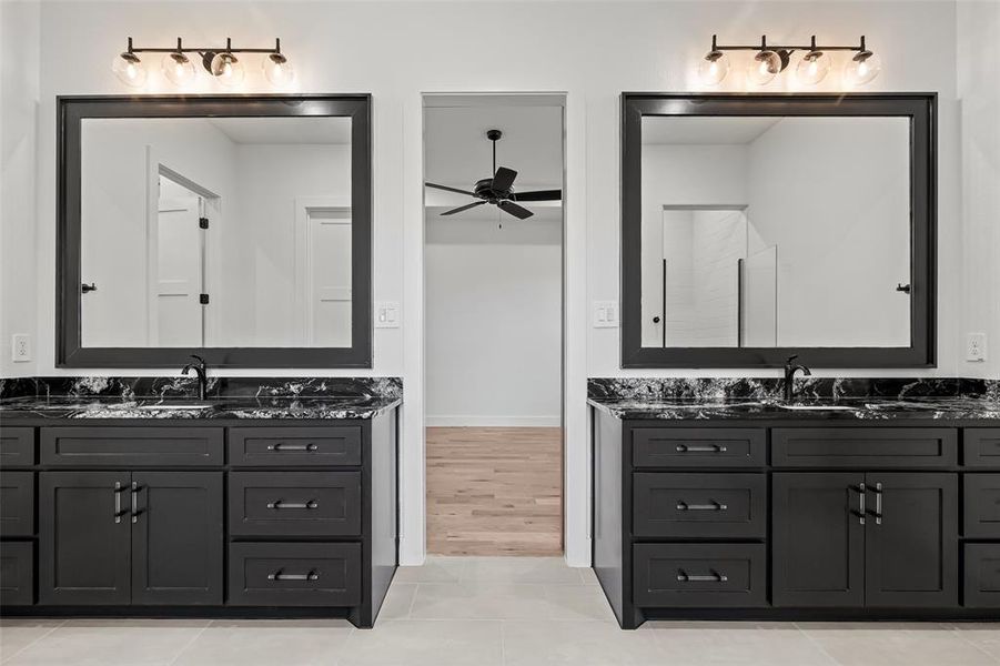 Bathroom with tile patterned floors, ceiling fan, and vanity