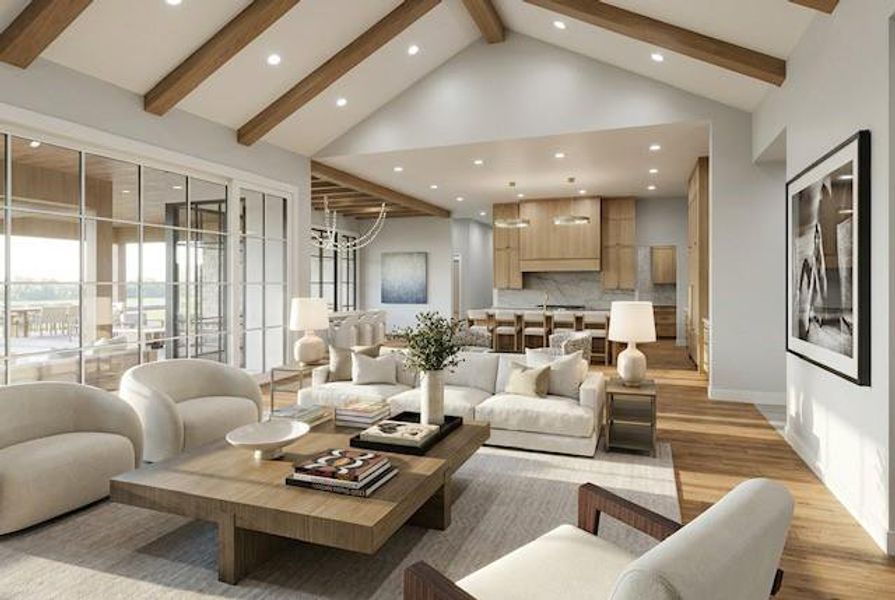Vaulted ceiling with exposed wood beams, large format sliding glass doors, recessed lighting, wood-finish flooring, and a kitchen with light wood cabinetry Vaulted ceiling with exposed wood beams, large format sliding glass doors, recessed lighting, wood-finish flooring, and a kitchen with light wood cabinetry
