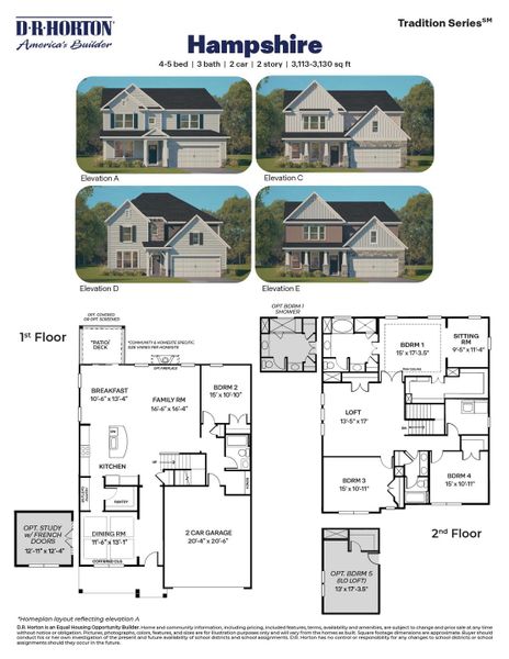 2D floor plan layout for the Hampshire by D.R. Horton in The Grove at Winston Pointe, Clayton, NC (Image 3).