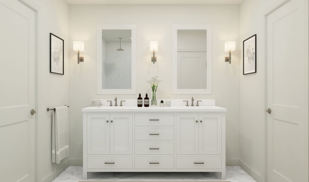 Primary bath with dual sinks and brushed nickel fixtures throughout