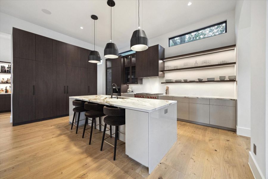 Fully equipped kitchen with top of the line appliances, paneled refrigerator/freezer, built-in coffee machine, open concept shelving soft closed cabinetry and drawers with under cabinet lighting.