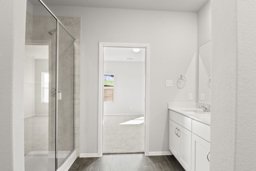 Image of a primary bathroom with a standing walk-in shower and a jack and jill vanity