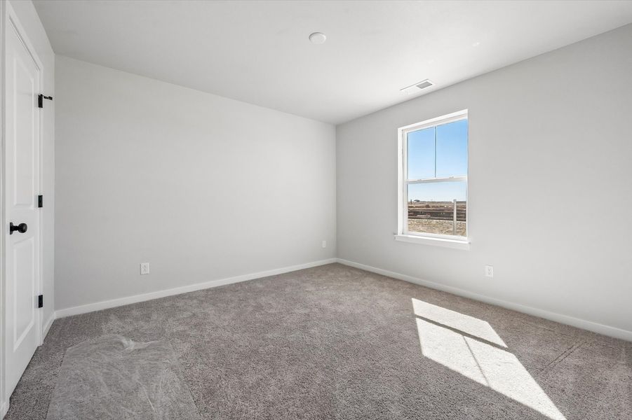 A room with a carpet and a window.