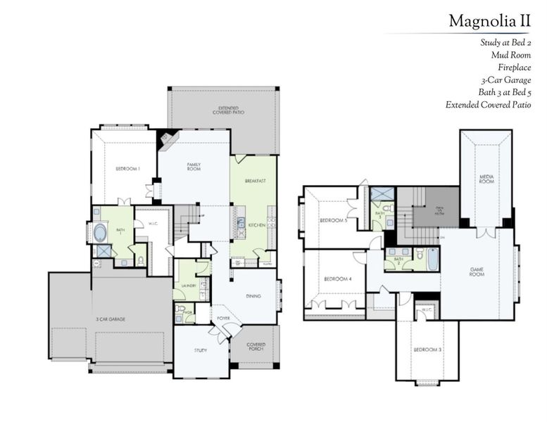 Magnolia II two-story floor plan with 5 bedrooms, 3-car garage, game room, and extended covered patio Magnolia II two-story floor plan with 5 bedrooms, 3-car garage, game room, and extended covered patio
