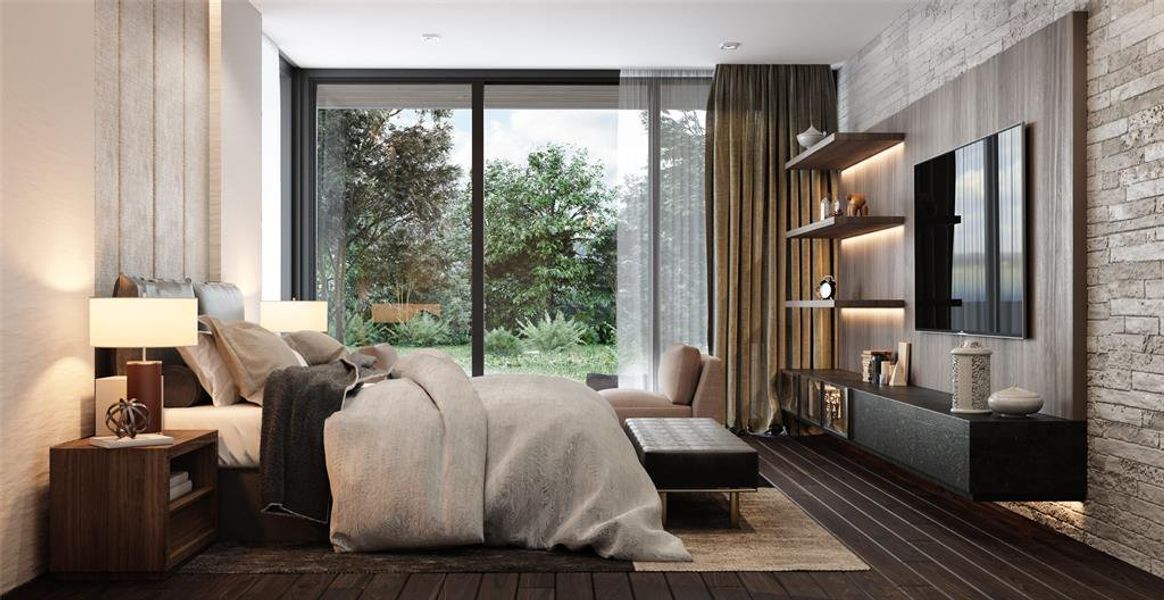 Bedroom with expansive windows, multiple windows, and dark hardwood / wood-style flooring