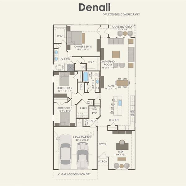 2D floor plan layout for the Denali by Pulte Homes in Blue Creek Trails, Richmond, TX (Image 3).