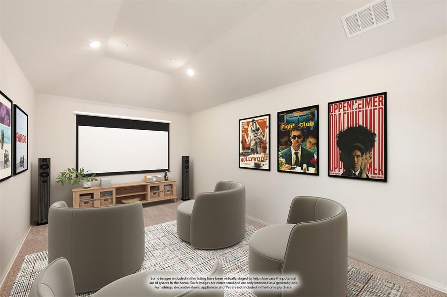 Home theater room with large projection screen, gray lounge chairs, and movie poster wall art Home theater room with large projection screen, gray lounge chairs, and movie poster wall art