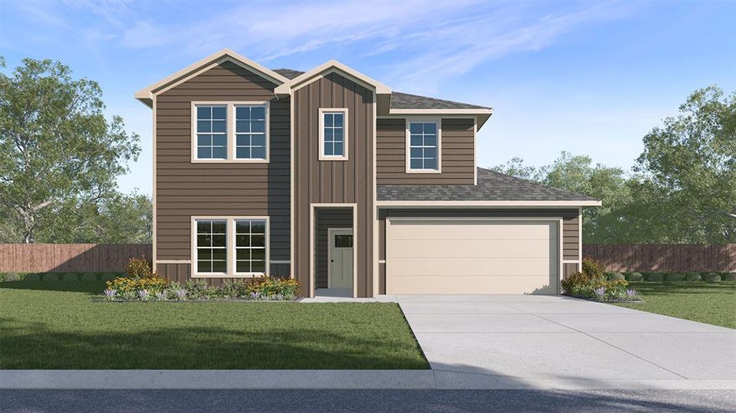 Contemporary two-story residence featuring a brown horizontal siding exterior, cream trim, and a prominent front-facing garage Contemporary two-story residence featuring a brown horizontal siding exterior, cream trim, and a prominent front-facing garage