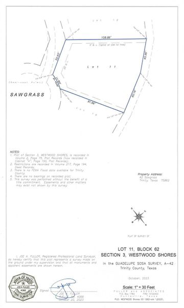 Plat map showing the size of the lot on 42 Sawgrass..