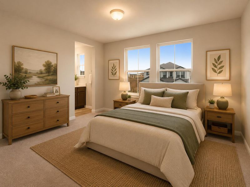 The carpeted primary bedroom offers a private bathroom entry, creating a serene and functional retreat. The carpeted primary bedroom offers a private bathroom entry, creating a serene and functional retreat.