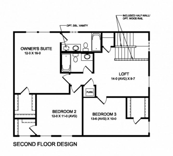 2D floor plan layout for the Wesley by Fischer Homes in Three Rivers, Euharlee, GA (Image 4).